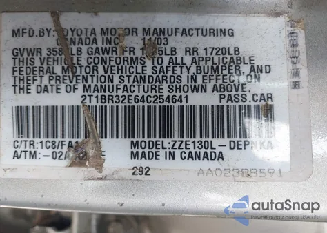 2004 Toyota Corolla Le z USA, uszkodzony, nr VIN 2T1BR32E64C254641